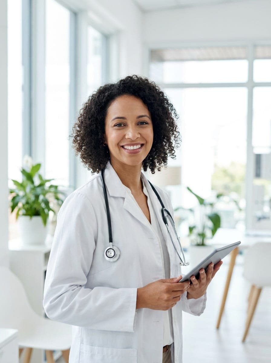 Médica do trabalho usando o ASO Certo em uma clínica moderna